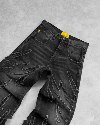 hip hop y2k retro black baggy jeans for men punk raw edge embroidery jeans vintage pattern patchwork high waisted denim pants unique jeans style 871
