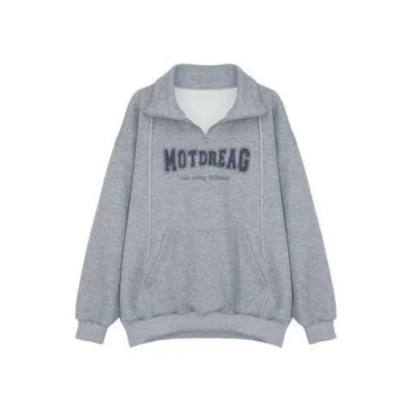 Street Half Zip Hoodie Mens Spring New Vintage Letter Embroidery Loose Sweatshirt Drawstring High Collar Big Pocket Pullover Top Street King Limited