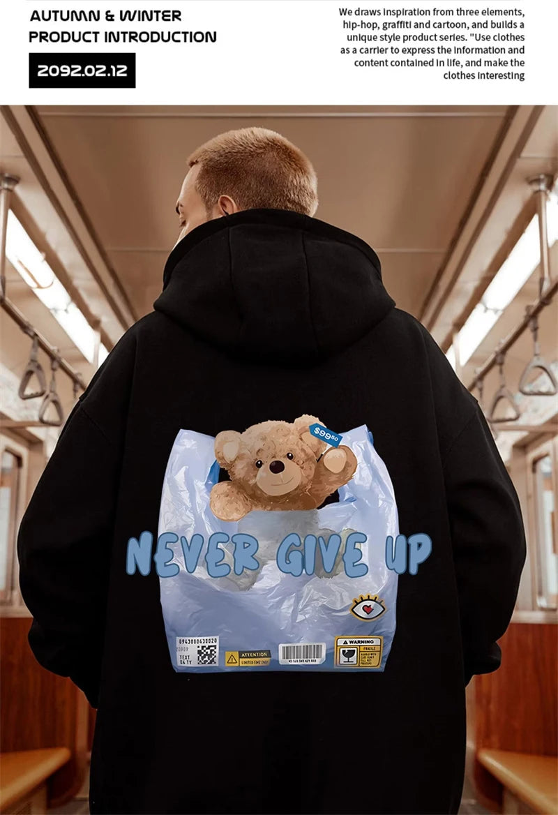New Never Give Up Bear Printed Hoodies For Men Hip Hop Streetwear Pocket Pullover Sweatshirts Autumn Y2K Vintage Fleece Hoodie Street King Limited