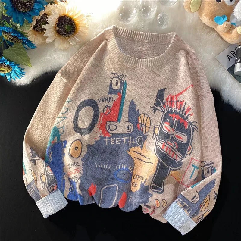 Rainbowtouches Men Sweaters High Street Graffiti Crew Neck Trendy Vintage Knitted Sweater Spring And Autumn Mens Clothing Street King Limited