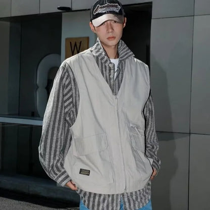 striped mens shirt jacket 2024 spring japanese street color blocked fake two coats vest tooling trend zipper long sleeved tops unique default style 2384