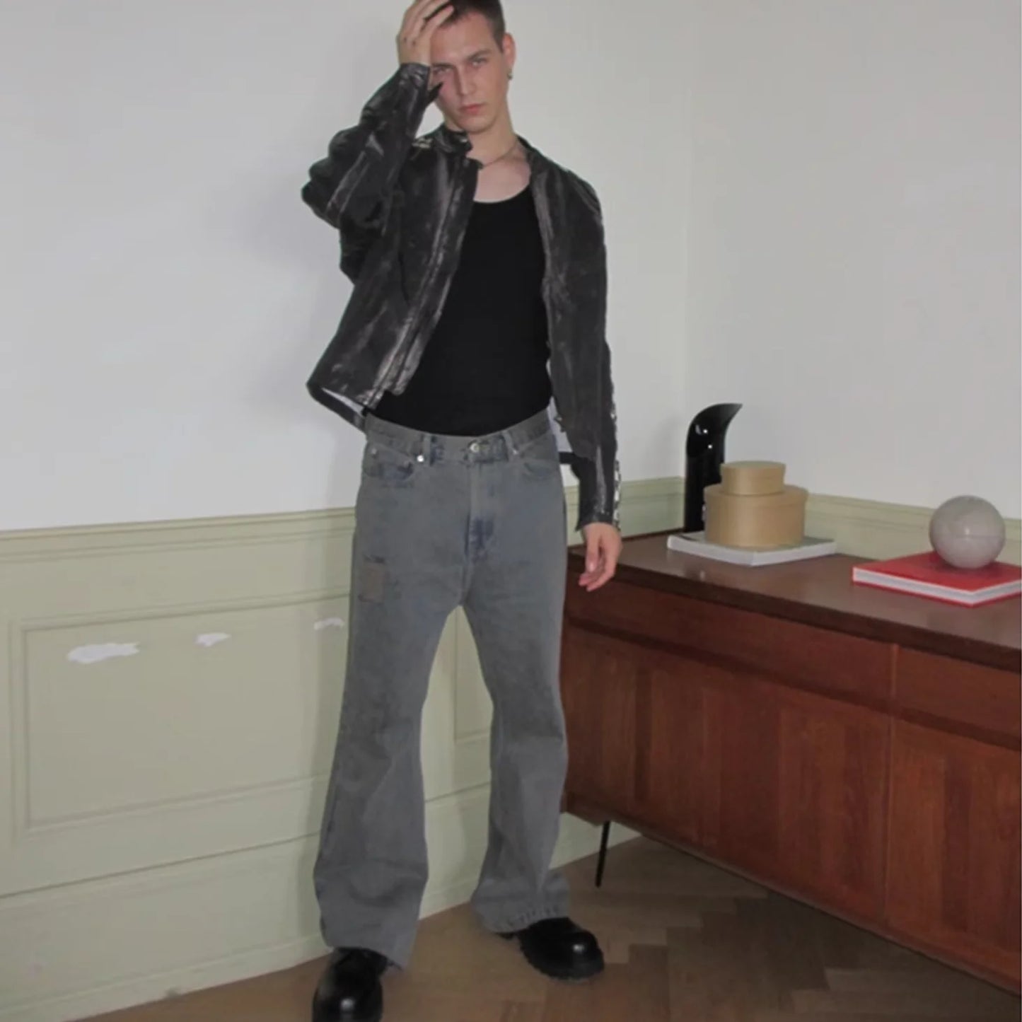 Grey Green Damaged Micro Flared Jeans Mens Straight Streetwear Y2k Ropa Hombre Baggy Denim Trousers Oversized Casual Cargo Pants Street King Limited