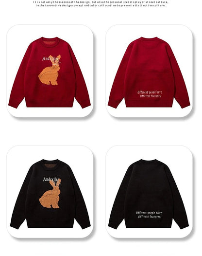 Men Harajuku Sweater Cartoon Duck Goose Embroidery Knitted Pullover Japanese College Style O-Neck Jumper Unisex Spring Autunm Street King Limited