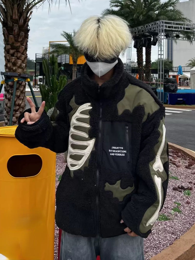 mens casual skulls patchwork fleece jackets coats new hairy stand collar zipper loose hoodies outerwears warm streetwear parkas unique default style 4794