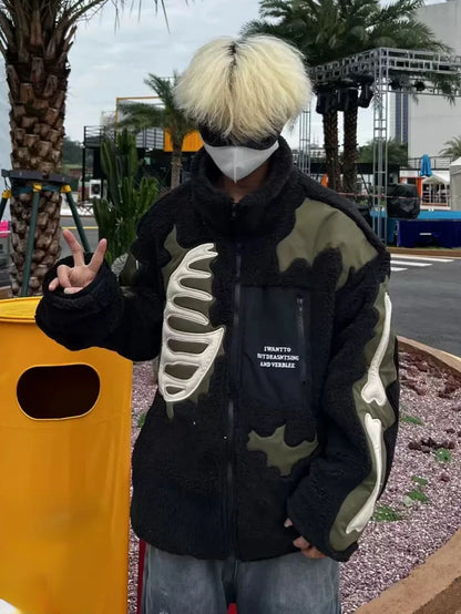 mens casual skulls patchwork fleece jackets coats new hairy stand collar zipper loose hoodies outerwears warm streetwear parkas clean everyday pants