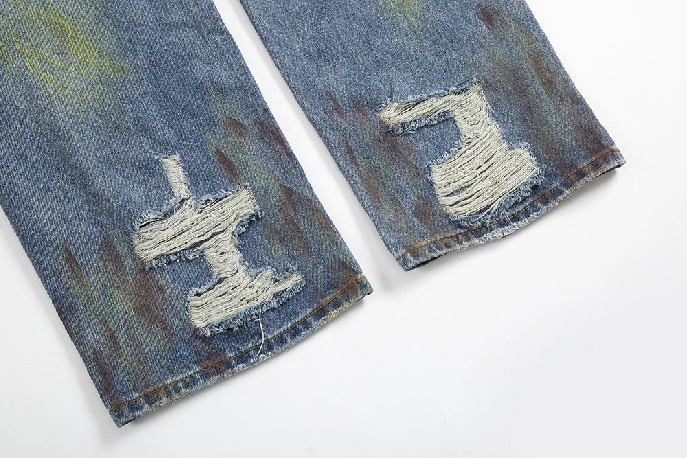 green painted hole washed blue baggy jeans mens streetwear distressed casual loose denim trousers ropa hombre frayed cargo pants unique cargo style 4338