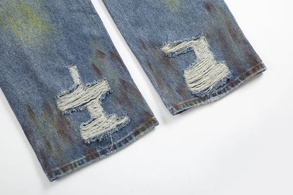 green painted hole washed blue baggy jeans mens streetwear distressed casual loose denim trousers ropa hombre frayed cargo pants unique cargo style 4338
