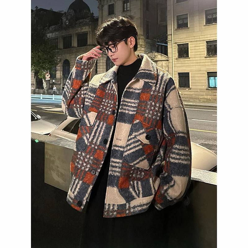 autumn winter campus boy plaid woolen coat men streetwear fashion loose casual retro thick jacket man bomber coat outerwear clean everyday pants