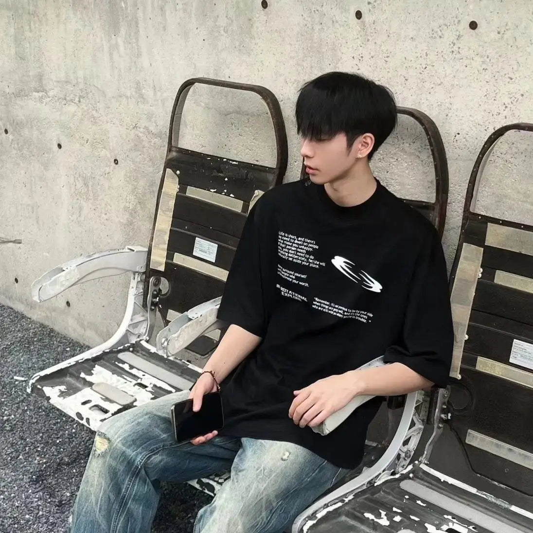 Korean personalized overlapping font printed T-shirt fashion y2k men and women loose hip hop street round neck half sleeved tops Street King Limited