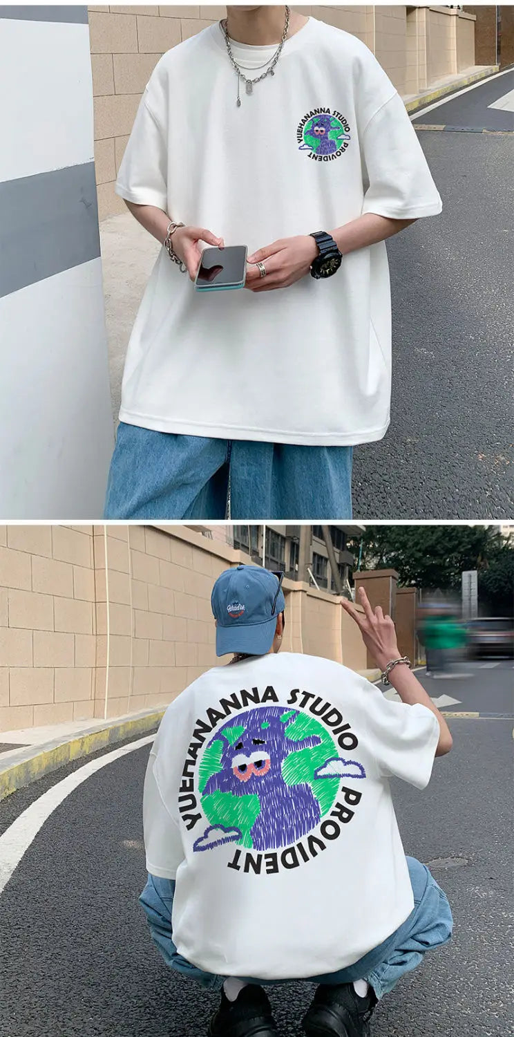 Pure cotton T-shirt men's new loose oversize short top summer tight Hong Kong style round neck American ins short sleeves tops Street King Limited
