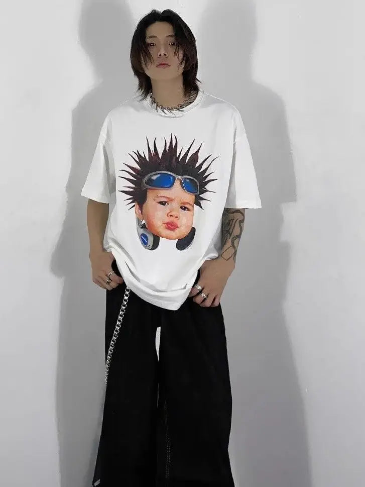 Korean pure cotton printed short-sleeved T-shirt for men and women creative angel hip-hop street Y2K loose half sleeved top Street King Limited