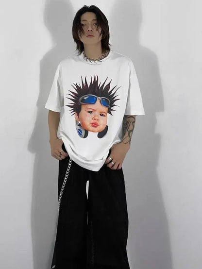 Korean pure cotton printed short-sleeved T-shirt for men and women creative angel hip-hop street Y2K loose half sleeved top Street King Limited