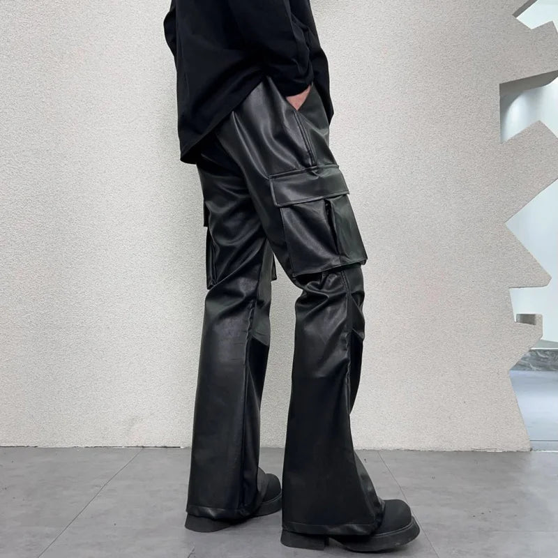 pu leather pants mens streetwear fashion hip hop vibe casual faux leather cargo flared pant men motorcycle trousers unique cargo style 2941