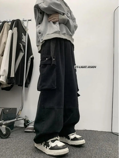 american hip hop large pocket workwear pants for men and women in autumn trend loose fitting straight leg casual wide leg pants clean everyday pants
