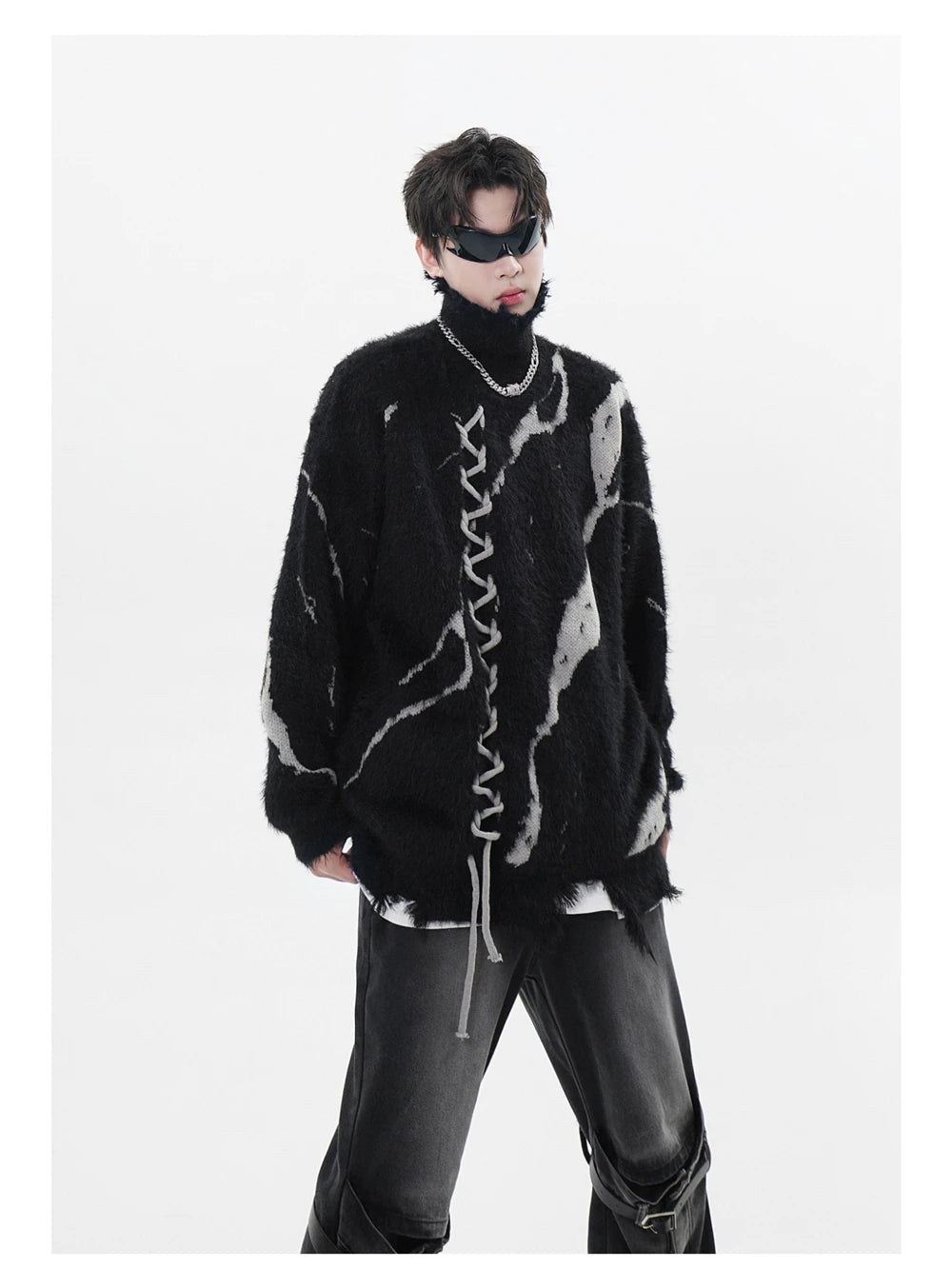 Distressed Splicing Turtleneck Sweaters Men Women Pullover Knit Sweater Jumper Fall Winter Hip Hop Streetwear Black Sweater Y2K Street King Limited