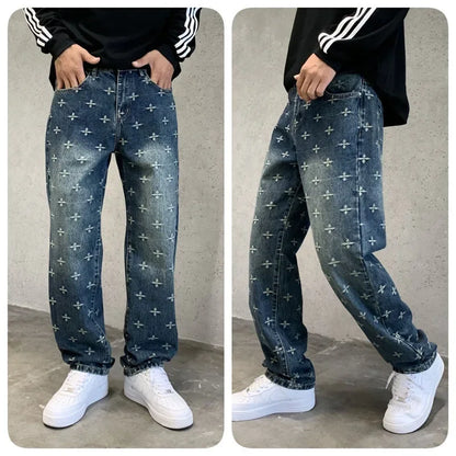 autumn winter new trendy brand jacquard jeans men high street hiphop casual fashion loose denim jeans pants boyfriend trousers denim street jeans