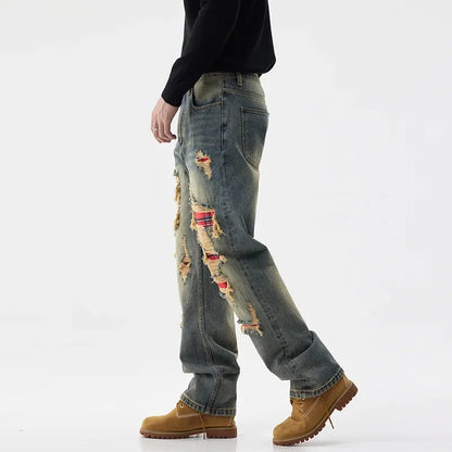 men broken hole patch loose casual plus size straight ripped denim pants jeans man streetwear fashion baggy jeans trousers unique jeans style 3037