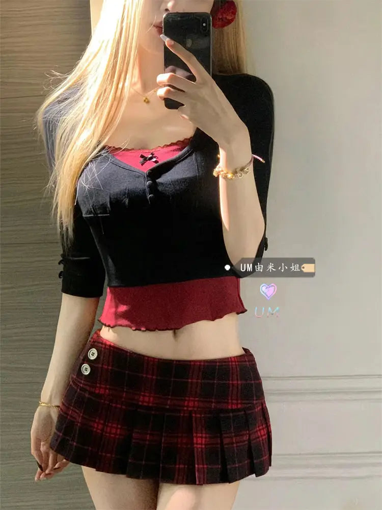 Academy style color matching women's set short spicy two piece sets 2024 womens outifits low waisted plaid skirt sets Street King Limited
