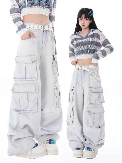 New street straight denim cargo pants overalls with multiple pockets casual wide leg mops jeans women y2k pants vintage clothes Street King Limited