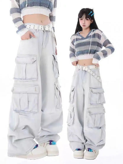 New street straight denim cargo pants overalls with multiple pockets casual wide leg mops jeans women y2k pants vintage clothes Street King Limited