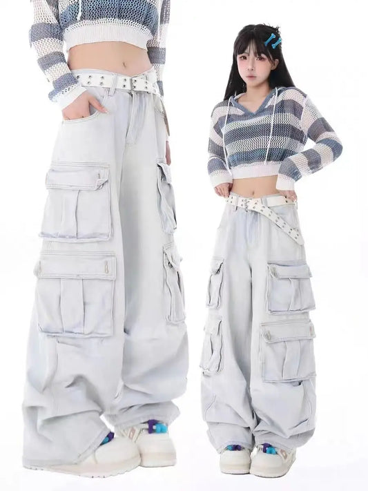 New street straight denim cargo pants overalls with multiple pockets casual wide leg mops jeans women y2k pants vintage clothes Street King Limited