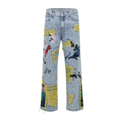 retro patch embroidered pleated jean for men street wear washed destroyed straight patchwork ripped jeans pants baggy hip hop unique jeans style 79