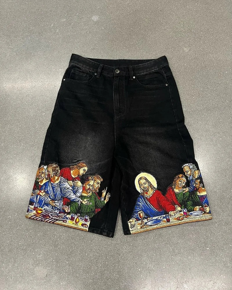 harajuku retro cartoon print oversized wide leg pants gothic washed distressed jeans men y2k fashion casual denim shorts women unique jeans style 3611
