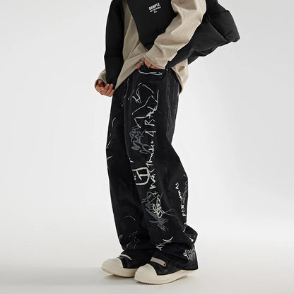 fashion graffiti printed denim jeans men unisex casual zipper wide legs straight jeans streetwear hip hop baggy pants joggers relaxed fit joggers