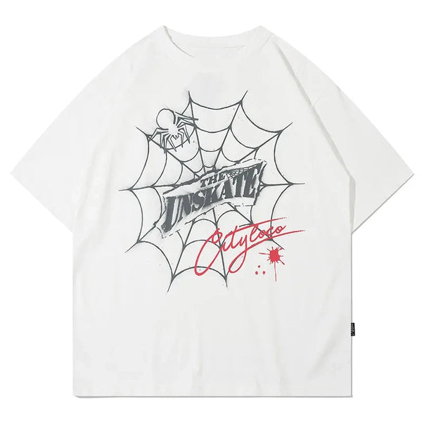 Men Short Sleeve T Shirt Spider Web Printed T-shirts Hip Hop Streetwear Harajuku Retro Oversized Loose Tees Black White Unisex Street King Limited