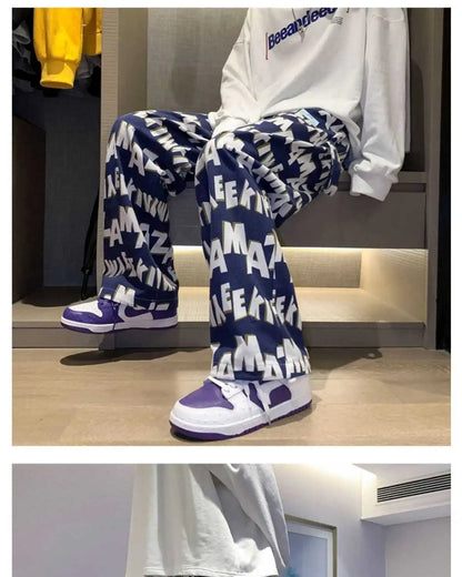 Letter wide-leg pants for men and women in autumn and winter plus velvet high-waisted loose long and short straight pants tops Street King Limited