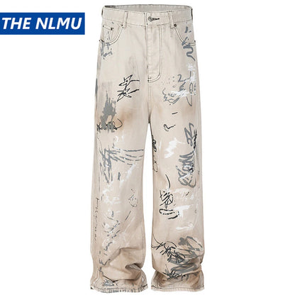 men hip hop baggy jeans graffiti printed loose straight denim pants dirty washed streetwear fashion jeans trousers white stacked flare jeans