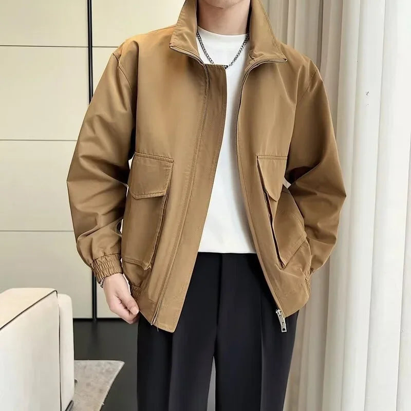autumn solid color cargo jackets for men new korean fashion zipper cardigan coats stand collar streetwear bomber jacket hombre multi-pocket cargos