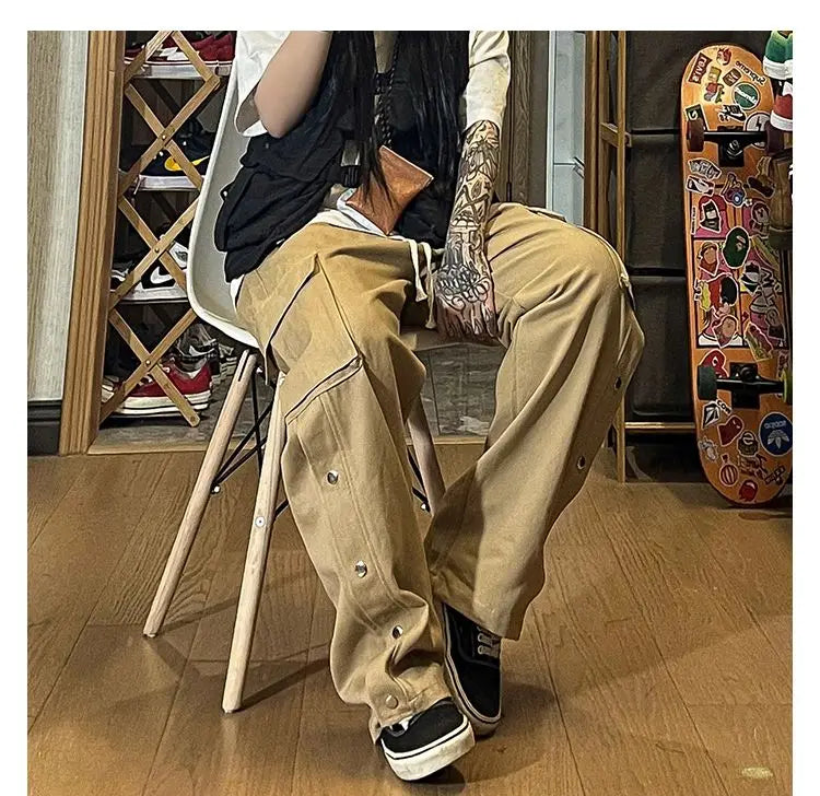 Fashionable Korean style gothic buttoned overalls pants men summer Harajuku street y2k hip hop casual retro sports pants Street King Limited