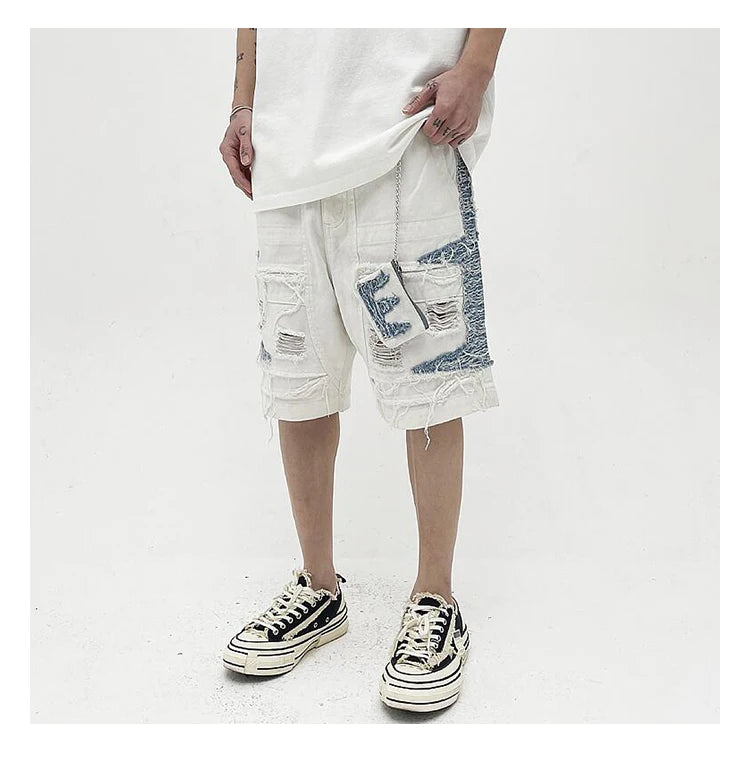 Mens High Street Denim Jean Shorts Casual Loose Destroyed Ripped Holes Loose Shorts Patchwork Hip Hop Streetwear Short Joggers Street King Limited