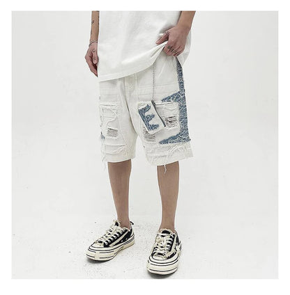 Mens High Street Denim Jean Shorts Casual Loose Destroyed Ripped Holes Loose Shorts Patchwork Hip Hop Streetwear Short Joggers Street King Limited