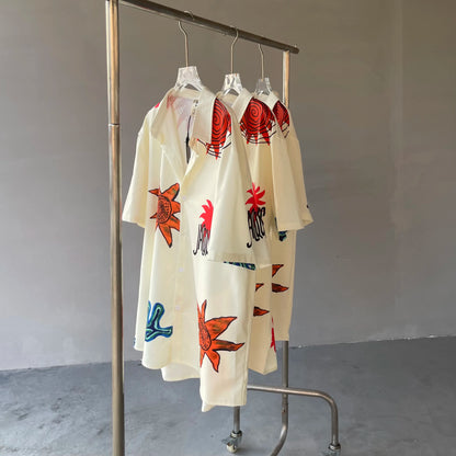 24SS Vintage Retro Starfish Direct Print High-Street Casual Beach Style Quality Short Sleeve Shirt Street King Limited