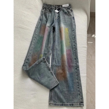 american retro personalized trend color gradient jeans for men and women new washed straight leg micro flared casual pants y2k stacked flare jeans