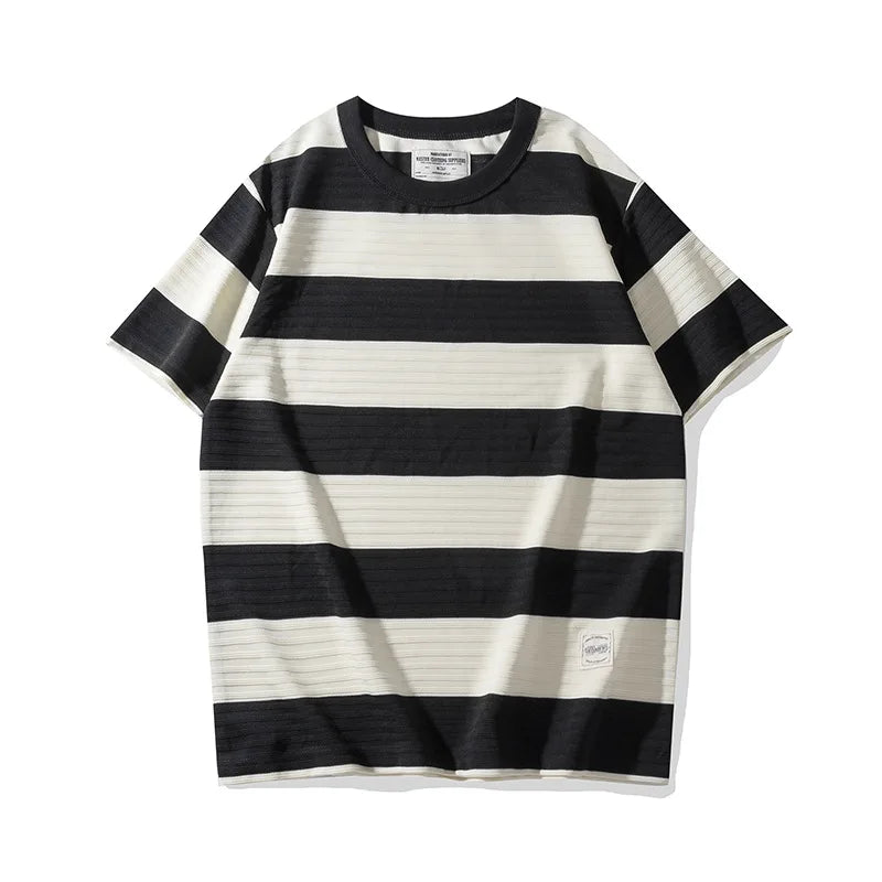 Men's Dark Wide Striped Short Sleeve Tees, Casual Tops, Round Neck, Thick, 100% Cotton, New, Summer Street King Limited