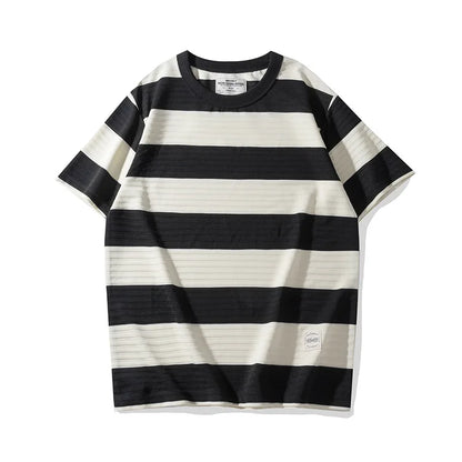 Men's Dark Wide Striped Short Sleeve Tees, Casual Tops, Round Neck, Thick, 100% Cotton, New, Summer Street King Limited