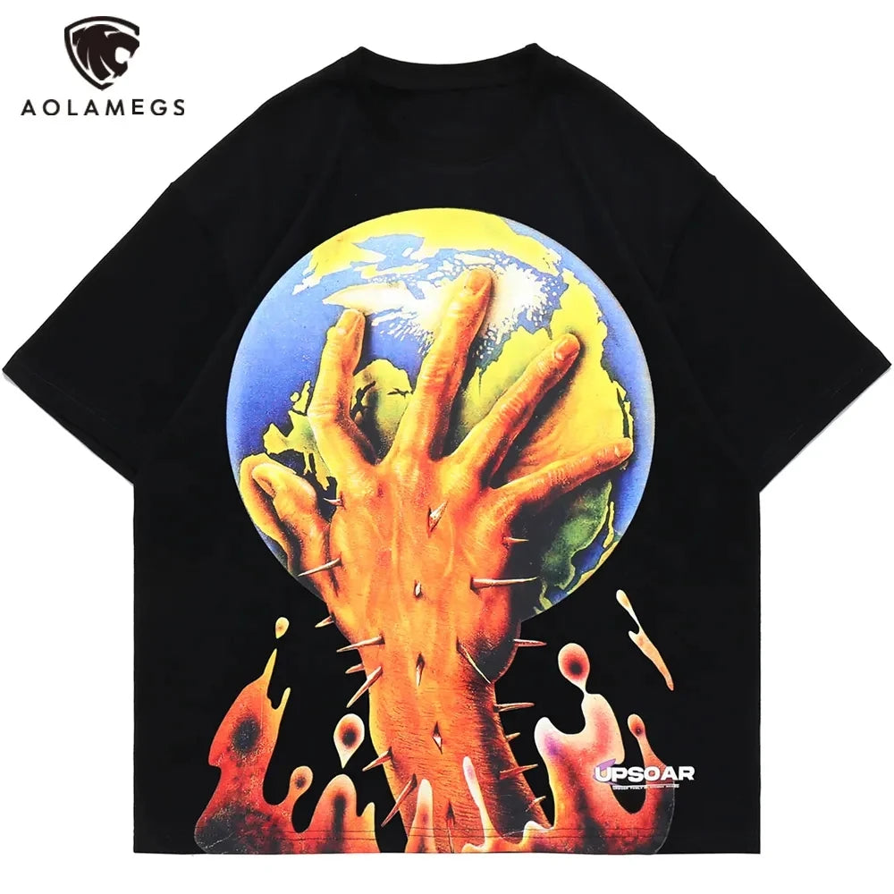 Aolamegs Men Horror Hand Earth Printed T-shirt Summer Gothic Hip Hop Style Tee Tops Cotton Oversized Short Sleeve Men's Clothing Street King Limited