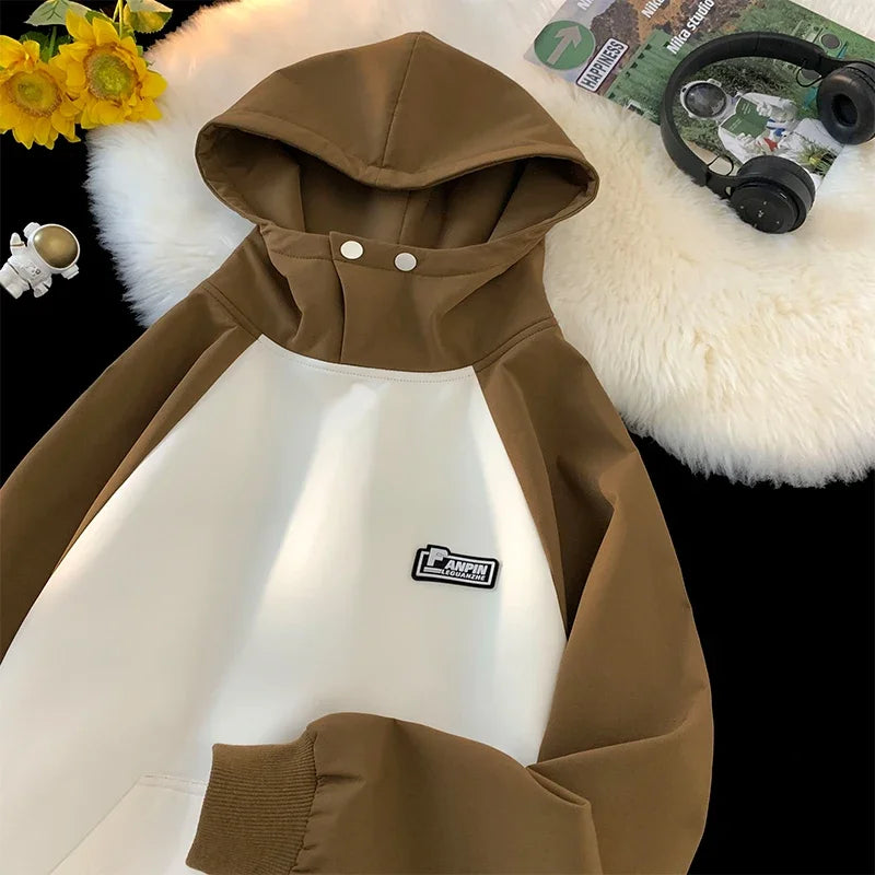 Men Waterproof Hooded Sweatshirt Spring Vintage Patchwork Hoodie Labels Design Korean Streetwear Couple Male Women Hoodies Street King Limited