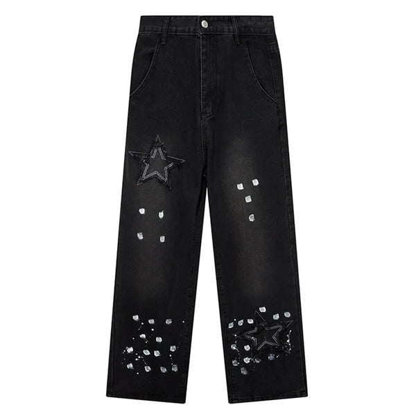 Men Black Jeans Five-Pointed Star Splashing Ink Design Denim Trousers American Retro Street Punk Wide Leg Straight Pants Unisex Street King Limited