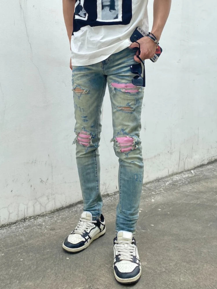 destroied ripped holes patckwork denim jean mens casual distressed washed biker jeans new fashion high street slim pants joggers unique joggers style 2369