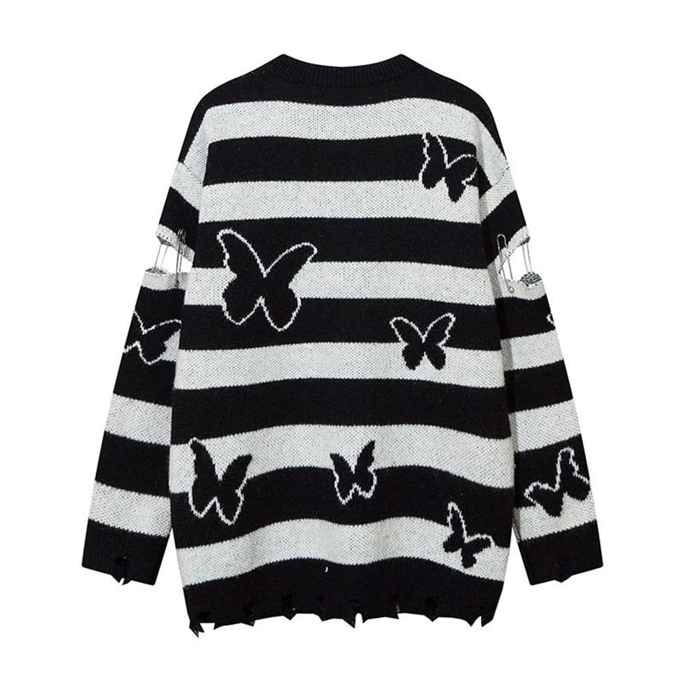 2023 Hip Hop Striped Knitted Sweater Streetwear Butterfly Graphic Distressed Ripped Pullover Men Harajuku Casual Knitwear Unisex Street King Limited