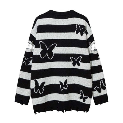 2023 Hip Hop Striped Knitted Sweater Streetwear Butterfly Graphic Distressed Ripped Pullover Men Harajuku Casual Knitwear Unisex Street King Limited