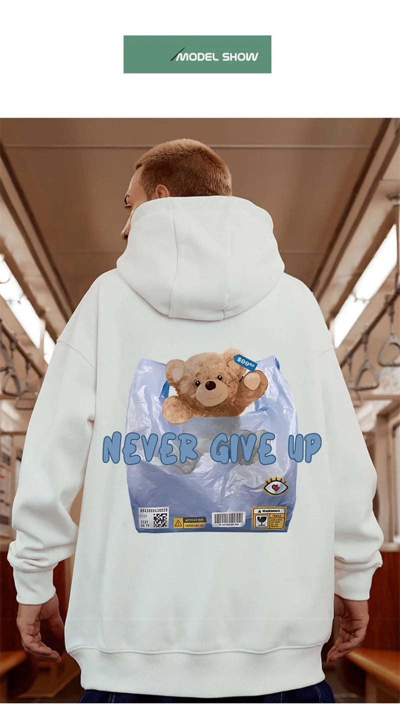 New Never Give Up Bear Printed Hoodies For Men Hip Hop Streetwear Pocket Pullover Sweatshirts Autumn Y2K Vintage Fleece Hoodie Street King Limited