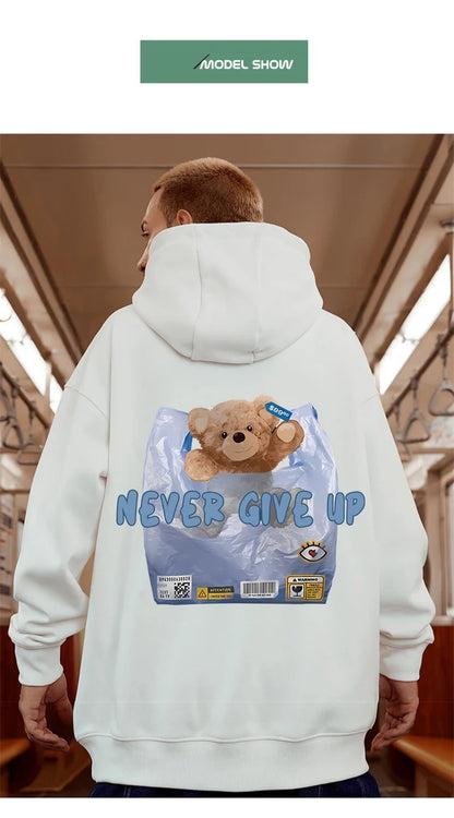 New Never Give Up Bear Printed Hoodies For Men Hip Hop Streetwear Pocket Pullover Sweatshirts Autumn Y2K Vintage Fleece Hoodie Street King Limited