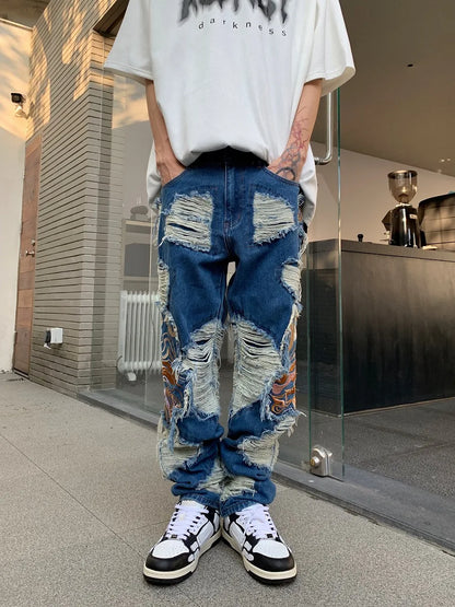 fashion embroidery destroyed ripped tassel holes denim jean pants mens casual loose straight jeans hip hop streetwear joggers unique joggers style 3335