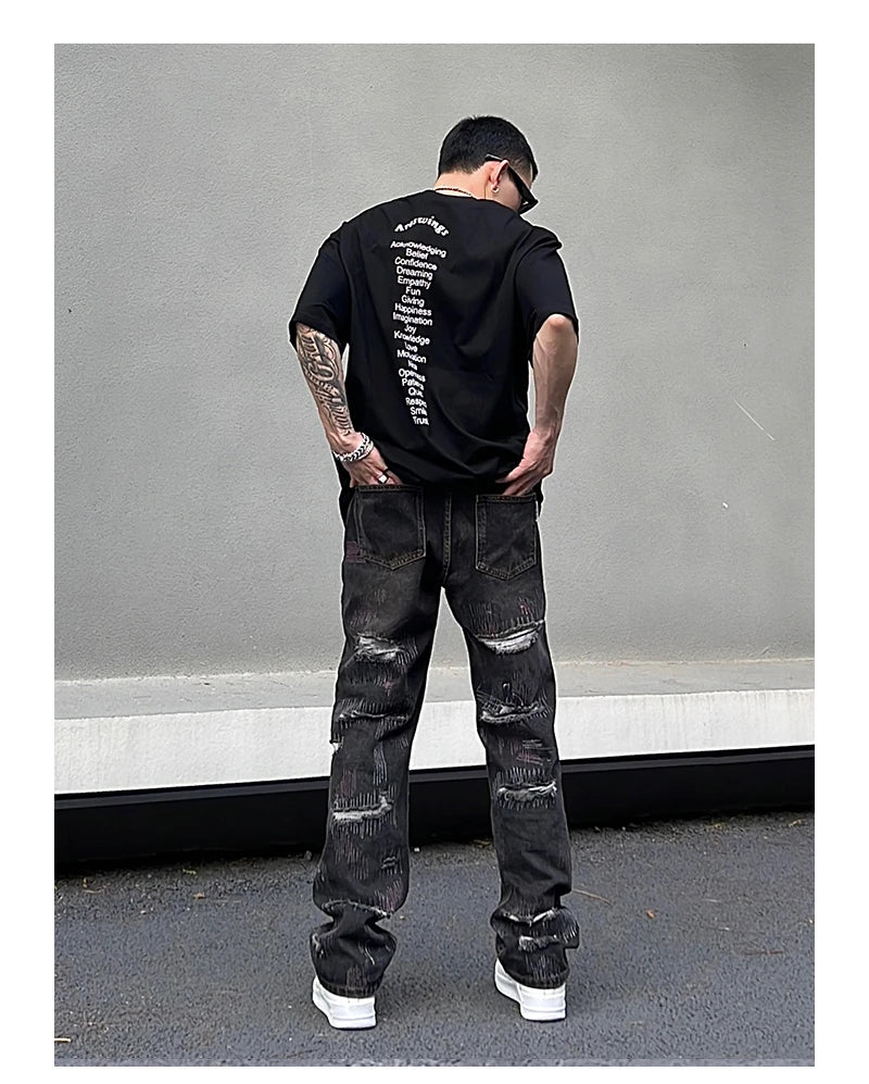 harajuku irregular scratched ripped holes denim jeans men zipper jeans hip hop streetwear new casual straight joggers jean pants unique joggers style 2947