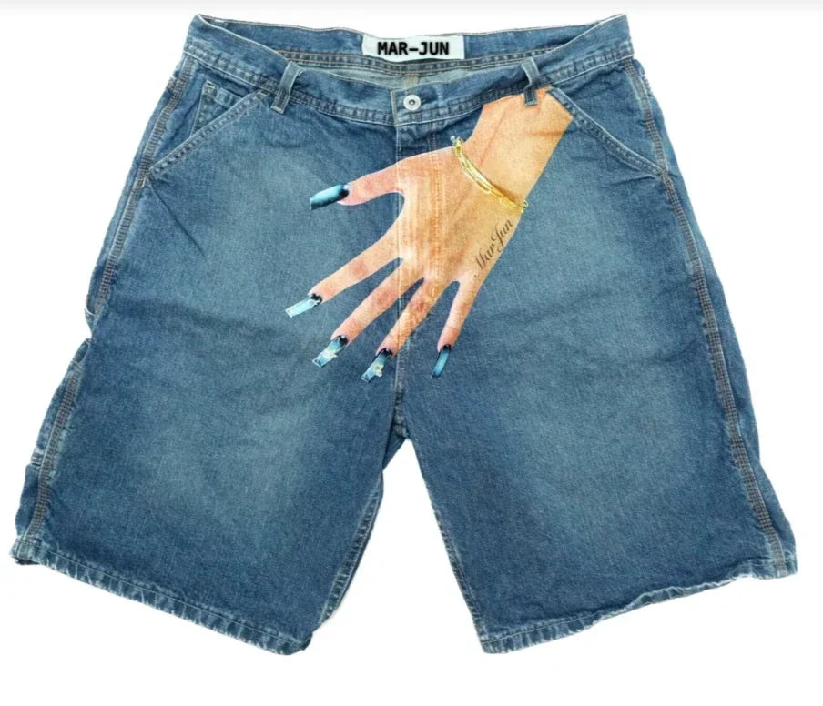 harajuku y2k short baggy jeans palm print graphic pants men fashionstyle denim streetwear gothic sweatpants shorts men clothing unique joggers style 4292